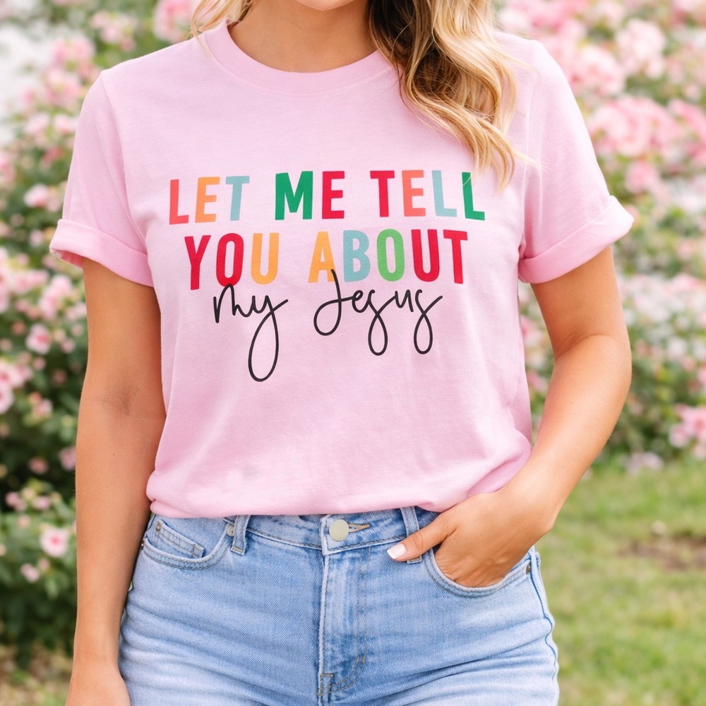 Let Me Tell You About My Jesus” Tee ✝️💕 Pink Shirt Size L Christian Graphic